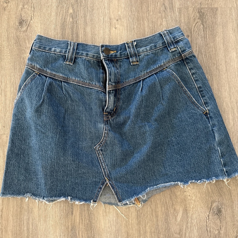 Free People Western Yoked Denim Mini Skirt 28”in Medium Blue